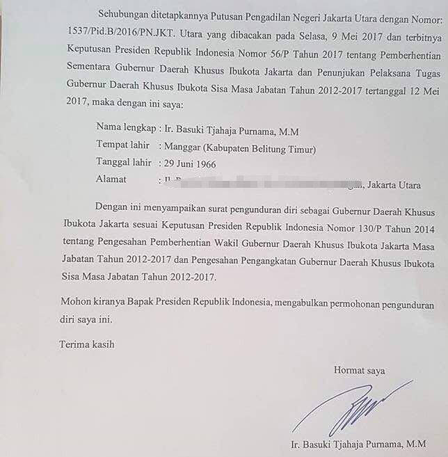 Ahok Mengundurkan Diri Sebagai Gubernur DKI