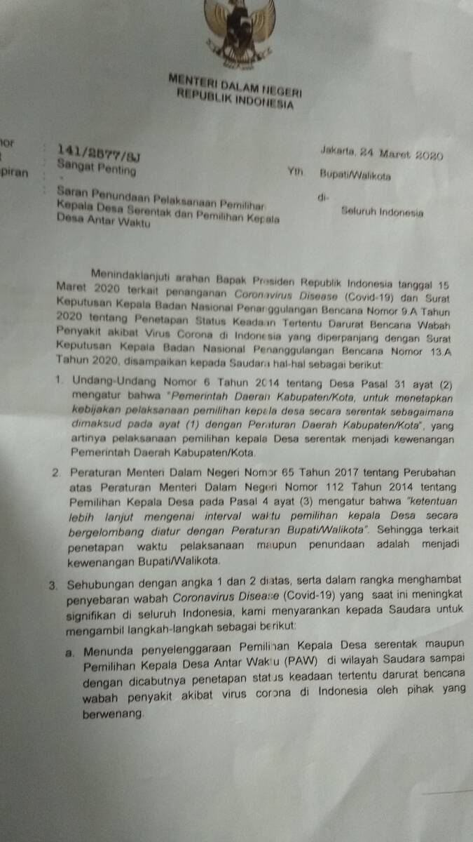 Dampak Covid 19 Pilkades Serentak 2020 Ditunda