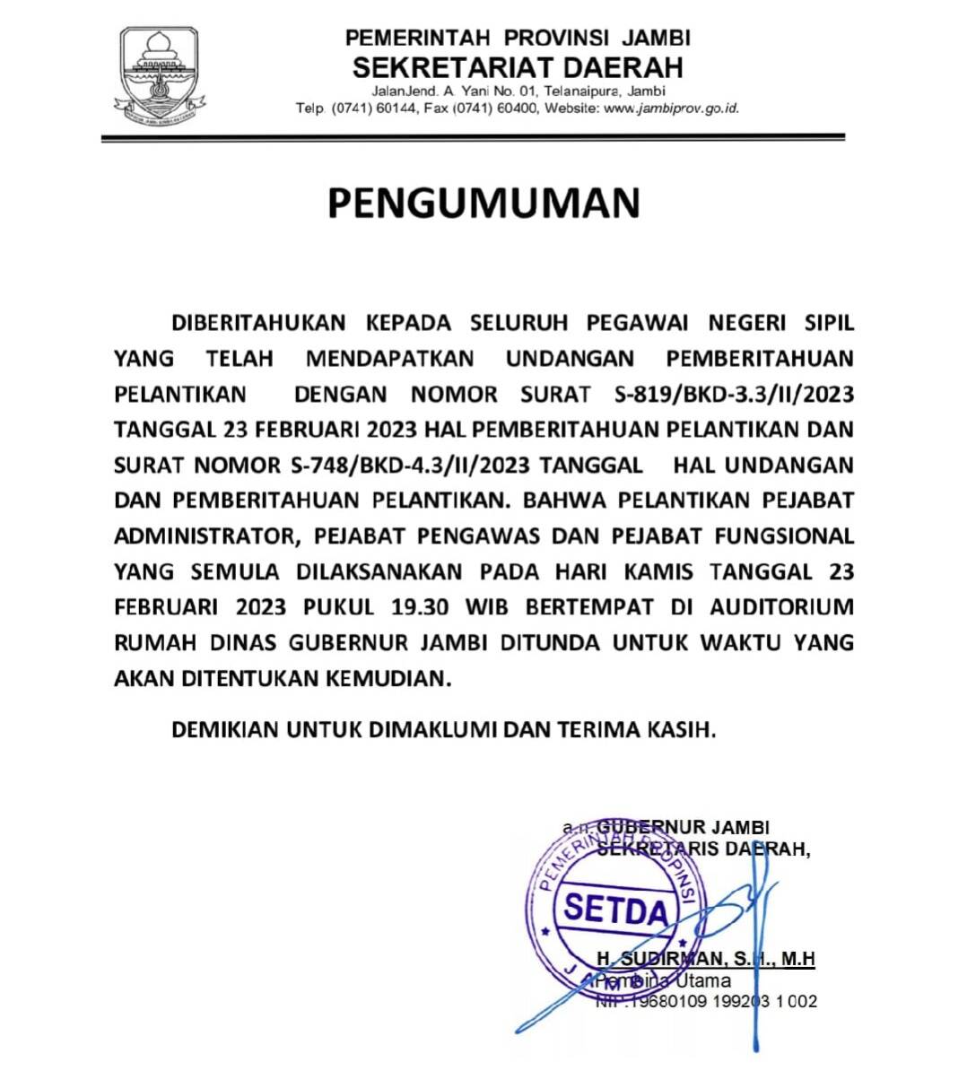 Diduga Karena Ini, Pelantikan Pejabat Pemprov Jambi Malam Tadi Ditunda