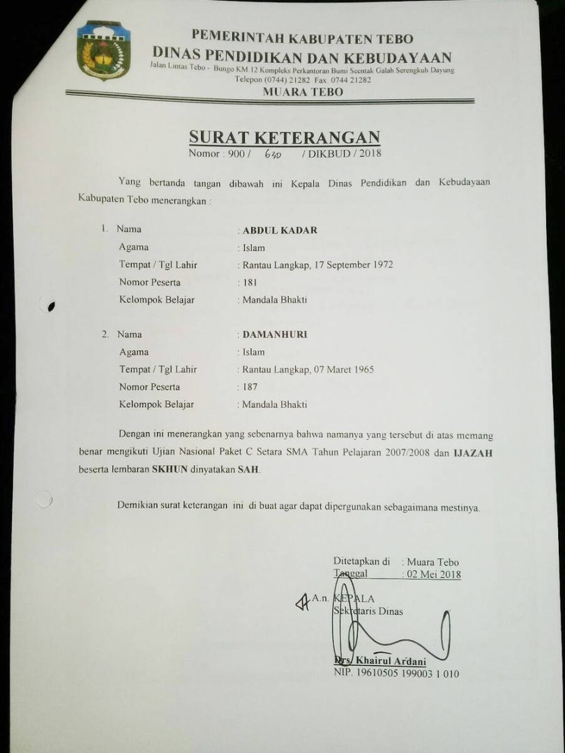 Dikbud Tebo,Ijazah Abdul Kadar Cakades Terpilih Rantau Langkap Sah