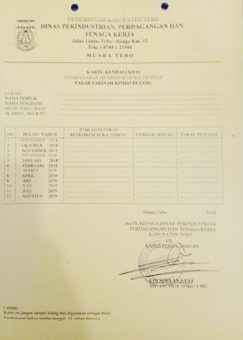 Disperindag Tebo Keluarkan Kartu Kendali Kios