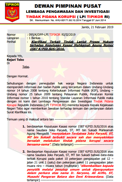 Kejari Tebo Bakal Klarifikasi Surat Aktifis