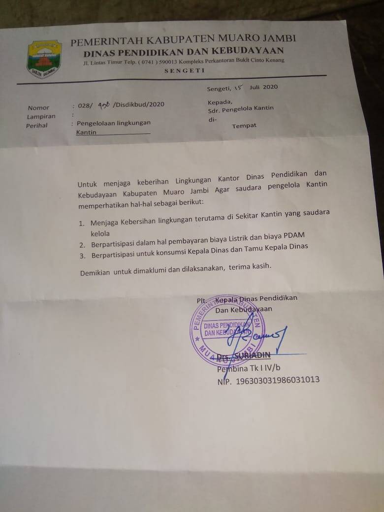 Pengelola Kantin Diminta Siapkan Konsumsi Tamu Kadis Pendidikan Muaro Jambi
