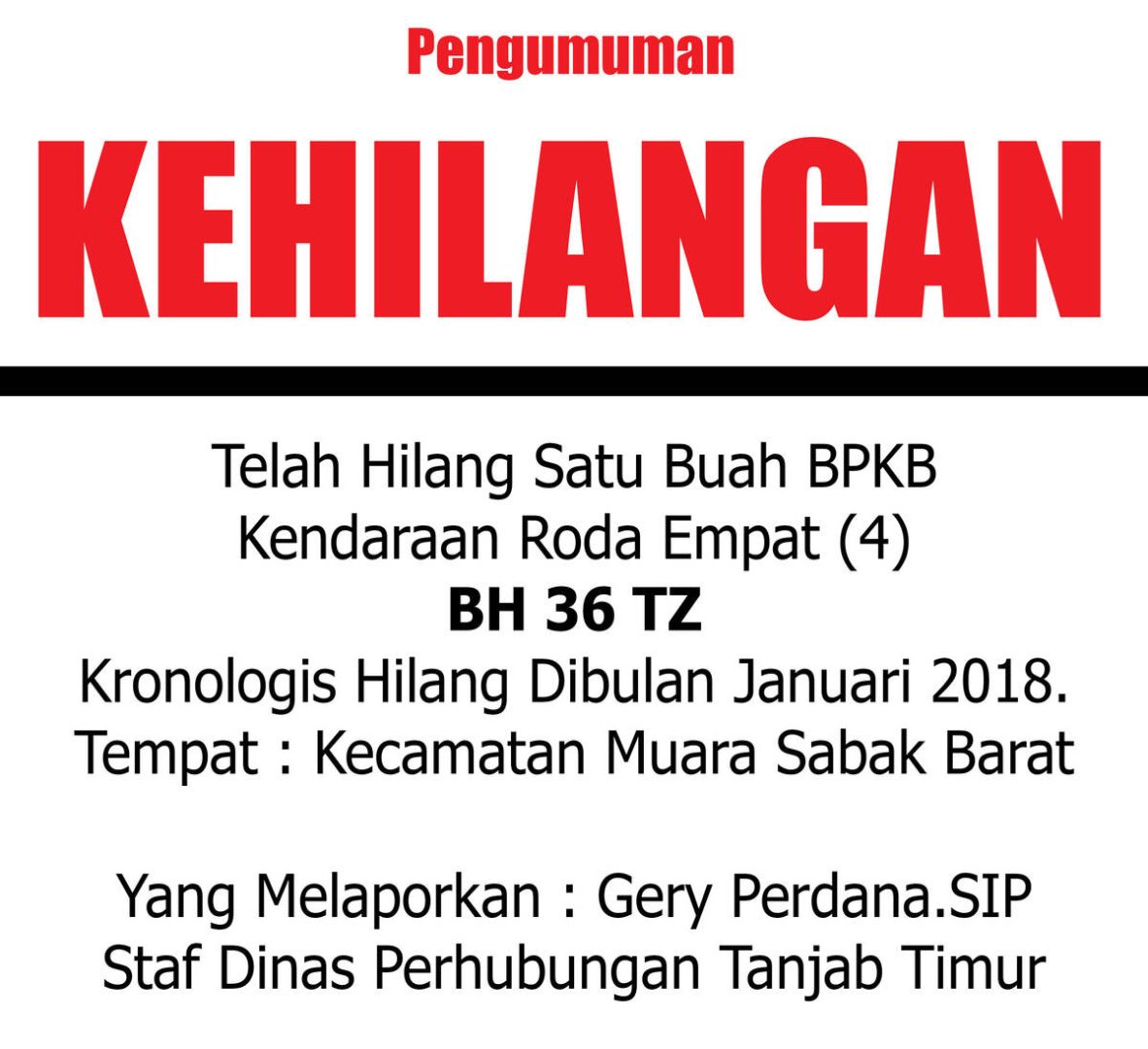 PENGUMUMMAN KEHILANGAN