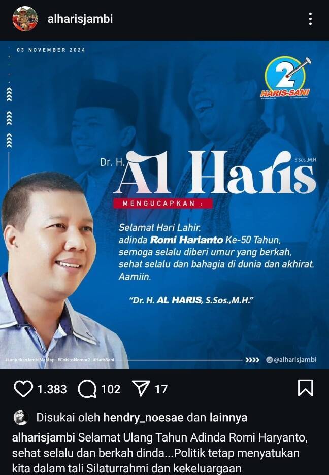 &#8220;Sehat Selalu Adindo Romi&#8221;, Sikap Santun Al Haris dalam Menciptakan Pilgub Damai di Jambi