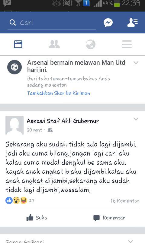 Status Akun Facebook Mengatasnamakan Staf ahli Gubernur Jambi Bikin Geger